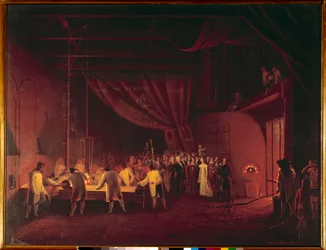 Marie Caroline de Bourbon Sycylia, księżna Berry (1798-1870), odwiedziła fabryki Saint Gobain w 1822 r. Robotnicy wykonali odlew ze szkła. Obraz Edouarda Pingreta (1788-1875) 1824 Ze zbiorów prywatnych