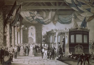 Królowa Wiktoria (1819-1901) i Książę Albert (1819-61) Przybywają do Gosport Station w Hampshire, grawerowane przez Bayot i Cuvilier, 1846