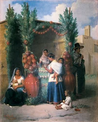 Scena przy barze na ulicy w Meksyku: kobieta karmi piersią swoje dziecko, inna pije i nosi dziecko na plecach, dziecko bawi się na ziemi. Obraz Edouarda Pingreta (1788-1875), połowa XIX wieku. Meksyk. Bank Narodowy