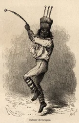 Tancerka w Sarayacu (Peru), rysunek autorstwa Riou, ilustrujący podróż Paula Marcoya z Oceanu Spokojnego do Oceanu Atlantyckiego w latach 1848-1860. Grawer w „”Le tour du monde””, pod redakcją Edouarda Chartona