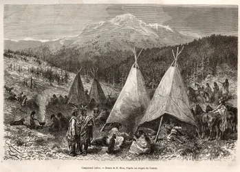 Obóz indiański na terytorium stanu Utah, nad brzegiem Riviere Verte. Grawerowanie według rysunku E.Riou, aby zilustrować historię La conquete blanche, autorstwa Williama Hepwortha Dixona, w 1875 r., opublikowane w „” Le tour du monde””” 1876, pod redakcją 
