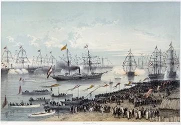 Przybycie Jego Królewskiej Mości Cesarza Austrii do Port Said podczas „”Inauguracji Kanału Sueskiego przez G. Nicole. 1869