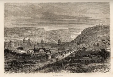 Widok ogólny Cusco lub Cusco, dawnej stolicy Inków, rysunek Riou, ilustrujący podróż Paula Marcoya przez Amerykę Południową w latach 1848-1860. Rycina w „”Le tour du monde””, pod redakcją Edouarda Chartona