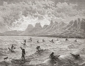 Hawajczycy surfujący, ilustracja z „Świata w rękach”, ryt. Charles Barbant (zm.1922), opublikowana w 1878 r. (rycina)