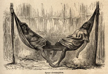 Indyjscy mężowie, Chontaquiros z Peru, śpiący w swoim ślubnym hamaku, narysowany przez Riou, aby zilustrować podróż P. Marcoya w latach 1848-1860 z Oceanu Spokojnego do Oceanu Atlantyckiego. Grawerowanie w „”Le tour du monde””, pod redakcją Edouarda Charto