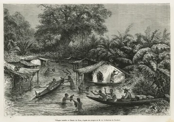 Wioski Inondes, rysunek Riou, ilustrujący historię podróży do Gabonu i rzeki Ogoue w latach 1875-1877 autorstwa Alfreda Marche. Grawerowanie w Le tour du monde