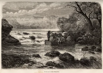 La traversee par le bac de la Riviere Mesacancha (Bas Peru), rycina E.Riou ilustrująca podróż w góry, dolinę Huarancalqui i regiony Pjonal, w latach 1862-1863, autorstwa Paula Marcoya, opublikowana w „” Le tour du monde”” 1875