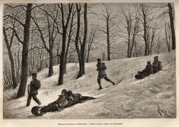 Luges et skaters au plateau du Mont-Royal, niedaleko Montrealu, rycina wg rysunku Riou, ilustrująca wycieczkę do Kanady i Riviere Rouge du nord, autorstwa H. De Lamotte, w 1873 r., opublikowana w „Le tour du monde” ”” 1875, pod redakcją Edouarda Chartona,
