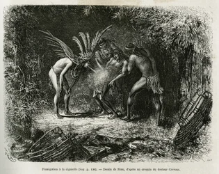 Fumigacja medyczna papierosami u Indian Roucouyan. Grawerowanie autorstwa Riou, aby zilustrować historię Cayenne aux Andes, autorstwa Julesa Crevaux, lekarza marynarki francuskiej, w latach 1878-1879, opublikowanej w Tour du monde, pod kierunkiem Edouarda 