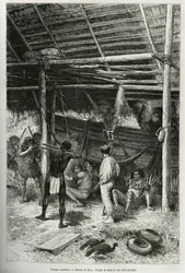 Poranny atak Indian z brzegów Amazonki na chatę odkrywcy. Rycina autorstwa Riou, ilustrująca historię Cayenne aux Andes, autorstwa Julesa Crevaux, lekarza marynarki francuskiej, w latach 1878-1879, opublikowana w Tour du monde, pod kierunkiem