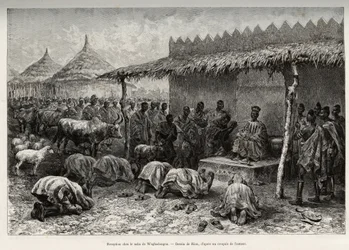 Przyjęcie w Naba Sanem, z królestwa Mossi (lub Mosse) Waghadougou (Ouagadougou, Burkina Faso). Grawerowanie autorstwa Riou, ilustrujące historię „Od Nigru do Zatoki Gwinejskiej” autorstwa kapitana Louisa Gustave
