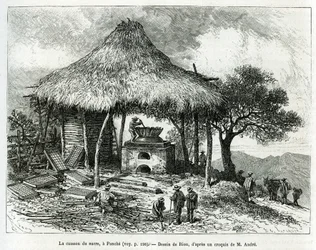 The Sugar Baking Oven, w Panche (Kolumbia), rysunek Riou, ilustrujący historię Equinoxiale America (Kolumbia, Ekwador, Peru), w latach 1875-1876, Ed. Andre, za misję podróżniczą od rządu francuskiego. Grawerowanie w Le tour du monde