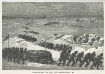 Wyjazd sań Alert, statku ekspedycji polarnej, rysowany przez Riou, aby zilustrować historię wyprawy na morze polarne w latach 1875-1876 przez kapitana G.S.Naresa. Grawerowanie w Le tour du monde