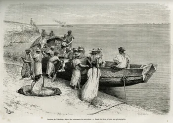 Początek badaczy kauczuku w okolicach Tabatinga (górna Amazonia). Rycina autorstwa Riou, dla zilustrowania historii Cayenne aux Andes, autorstwa Julesa Crevaux, lekarza marynarki francuskiej, w latach 1878-1879, opublikowana w Tour du monde, pod dyrekcją