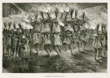 Spacer z pochodniami ulicami San Jose, rysunek E.Riou, aby zilustrować podróż po regionie Titicaca i dolinach wschodniej części Dolnego Peru, w 1873 roku autorstwa Paula Marcoya. Grawerowanie w Le tour du monde