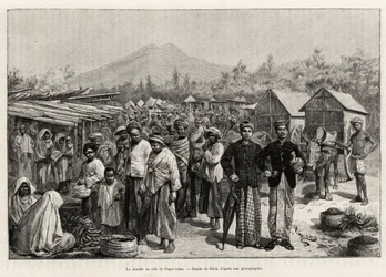 Spacer w Pager Alam Cafe (Malezja). Grawerowanie autorstwa Riou ilustrujące historię „rok w Malezji” autorstwa Jules Claine (1856-1939)
