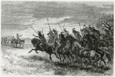 Indianie Tobas (z regionu Chaco, między Paragwajem a Boliwią) odmawiający przejścia do kolumny ekspedycji Thouara. Grawerowanie wykonane przez Riou, aby zilustrować historię „W poszukiwaniu pozostałości misji Crevaux””, w 1884 r., A. Thouar (1853- disapp