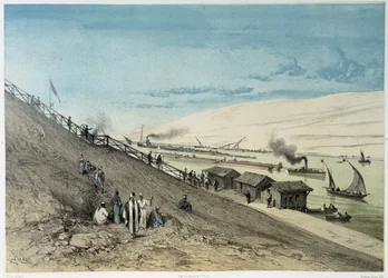 Widok na kanał w „”Inauguracja Kanału Sueskiego przez G. Nicole. 1869