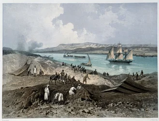 Widok na kanał w „”Inauguracja Kanału Sueskiego przez G. Nicole. 1869