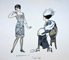 Manekin pokazujący klientowi halkę, ok. 1912 (litografia kolorowa)