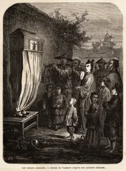 Ruchomy teatr chińskich cieni podczas spaceru w pobliżu Pekinu, rysunek Vaumorta (? -1886), ilustrujący podróż M. de Bourboulona, francuskiego ministra w Chinach, z Szanghaju do Moskwy w latach 1859-1862. Rycina w 