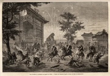 Fajerwerki w Pekinie i zamieszanie załogi poselstwa francuskiego podczas wyjazdu do Mongolii. Rysunek autorstwa Vaumorta (? -1886), ilustrujący podróż z Szanghaju do Moskwy w latach 1859-1862 pana de Bourboulon, francuskiego ministra do Chin. Rytownictwo