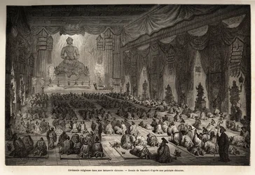 Ceremonia religijna w chińskiej lamasserie, rysunek Vaumorta (? -1886), ilustrujący podróż z Szanghaju do Moskwy w latach 1859-1862 pana de Bourboulon, francuskiego ministra do Chin. Grawerowanie w „”Le tour du monde””, pod redakcją Edouarda Chartona