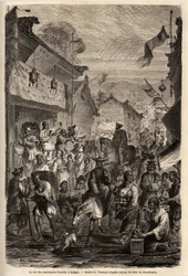 Ulica handlarzy odzieżą, Kalgan, Mongolia. Rysunek autorstwa Vaumorta (? -1886), ilustrujący podróż z Szanghaju do Moskwy w latach 1859-1862 pana de Bourboulon, francuskiego ministra do Chin. Grawerowanie w „Le tour du monde””, pod redakcją Edouarda Chart
