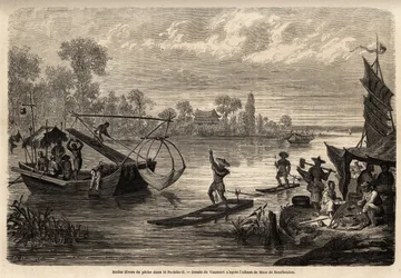 Opisano różne metody łowienia na rzekach w prowincji Pet Tche Li (połowy ogniowe, trójzębowe, rybne, szachowe i brzegowe). Rysunek Vaumorta (? -1886), ilustrujący podróż z Szanghaju do Moskwy, od 185