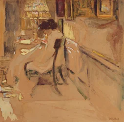Pani Hessel szyjąca pod lampą, ok. 1905 r.