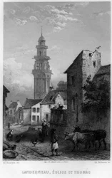 Widok Landerneau i Kościół św. Tomasza, Finistere, Bretania, Francja. Grawerowanie Willmanna w „Antycznej i współczesnej Francji” Jean-Bernard Mary-Lafon (Jean Bernard Mary Lafon)