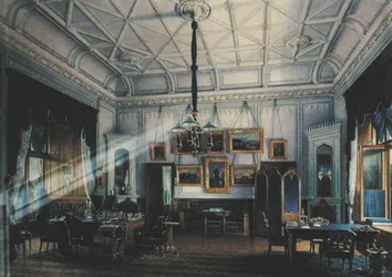 Błękitny Gabinet cesarza Aleksandra II (1818-81) w pałacu folwarcznym, 1860 (wc na papierze)