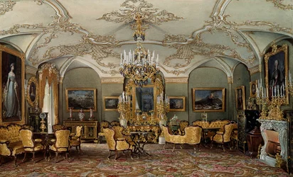 Widok na Salon Aleksandry Fiodorowny (Fiodorowna lub Fiodorowna lub Charlotta Pruska (1798-1860)), żony cara Mikołaja I w Pałacu Gatczyna. Akwarela przypisywana Eduardowi (Edouardowi) Hau (1807-1870) XIX w. Sankt Petersburg, Ermitaż