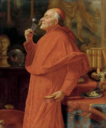 Kardynał badający bukiet białego wina (w weneckim kieliszku). Około 1900 roku.