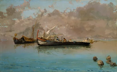 Marina z łodziami rybackimi, Eduardo Dalbono (1841-1915), olej na płótnie, 64,5x104,5 cm