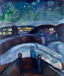 Gwiaździsta noc. Nocny krajobraz w Europie Północnej. Obraz Edvarda Muncha (1863-1944), 1923-1924. Słońce. 139x119 cm, Oslo, Kommunes Kunstsamlinger, Munch-Museet (Musée Munch)