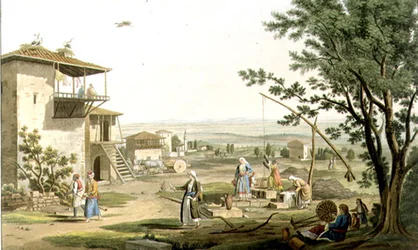 Larissa, tablica 29 z części 6 „Widoki w Grecji”, rytowana przez Fredericka Christiana Lewisa (1779-1856) wyd. 1821 (akwatinta)