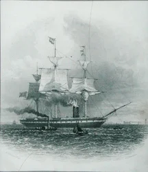 Liverpool – „Wielka Brytania” opuszczająca port w 1853 r., z „Cyklopedii użytecznych sztuk i manufaktur”, pod redakcją Charlesa Tomlinsona, ryt. J. Bradshaw, ok. 1880 r. (grafika)