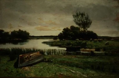 Jezioro z łodziami wiosłowymi (olej na płótnie)