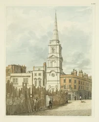 Christ Church z Exchange z miejscem oczyszczonym z budynku New Council House (ołówek i akwarela na papierze)