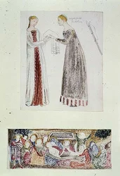 nr 1084-f.10 (TtoB) Dwie panny, kopia Narodzin Maryi Giovanniego da Milano z kaplicy Rinuccini we Florencji; Lamentacja (akwarela, ołówek)