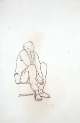 Autoportret artysty, siedzącego, z rękami między kolanami, z albumu rysunków (ołówek na papierze)