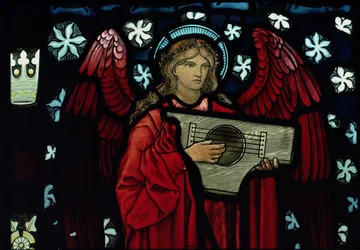 Szczegół Anioła Muzyka, wykonany przez William Morris and Co., witraż 1882