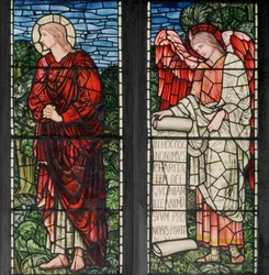 Birmingham, Acocks Green, St Mary the Virgin, Morris & Co., Edward Burne-Jones, John Henry Dearle (1859-1932), Święty Jan i anioł ze zwojem, 1895