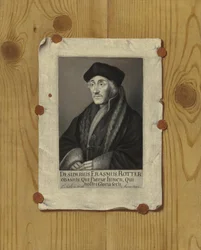 Trompe loeil Martwa natura z ryciną Erazma z Rotterdamu, 1693