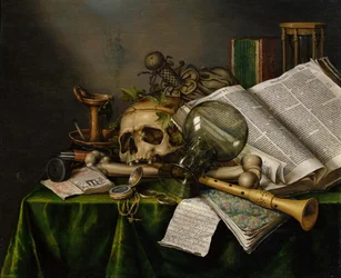 Vanitas. Martwa natura z książkami, rękopisami i czaszką