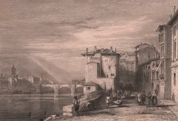 Widok Werony nad rzeką Adygą, Wenecja Euganejska, Włochy, staloryt Edwarda Francisa Findena (1791-1857) według rysunku Augustusa Walla Calcotta (1779-1844), ok. 12x10 cm