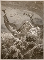 Śmierć Harolda w bitwie pod Hastings, ilustracja z „Ilustrowanej historii Anglii Cassella” (zdjęcie w sepii)