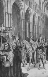 Rumaki króla Henryka V podążają za jego trumną w górę nawy głównej (litografia)