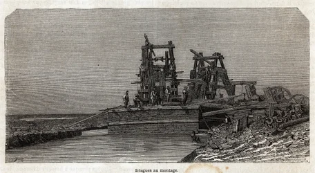 Dragi na Kanale Sueskim, rysunek Greneta, ilustrujący wycieczkę do Kanału Sueskiego w 1862 roku przez Paula Merruau. Grawerowanie w „”Le tour du monde””, pod redakcją Edouarda Chartona